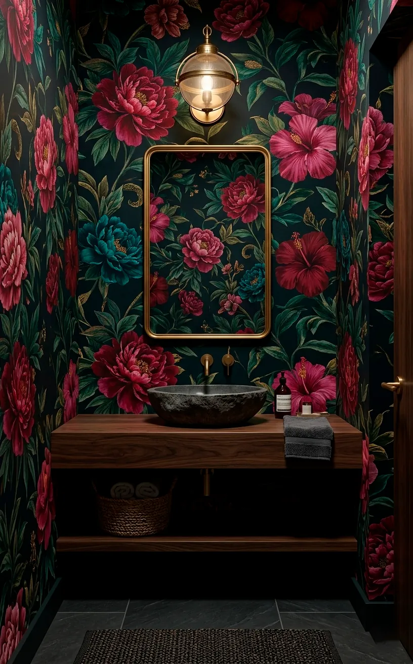 Powder room featuring bold dark floral wallpaper and a gold-framed mirror for a maximalist vibe.