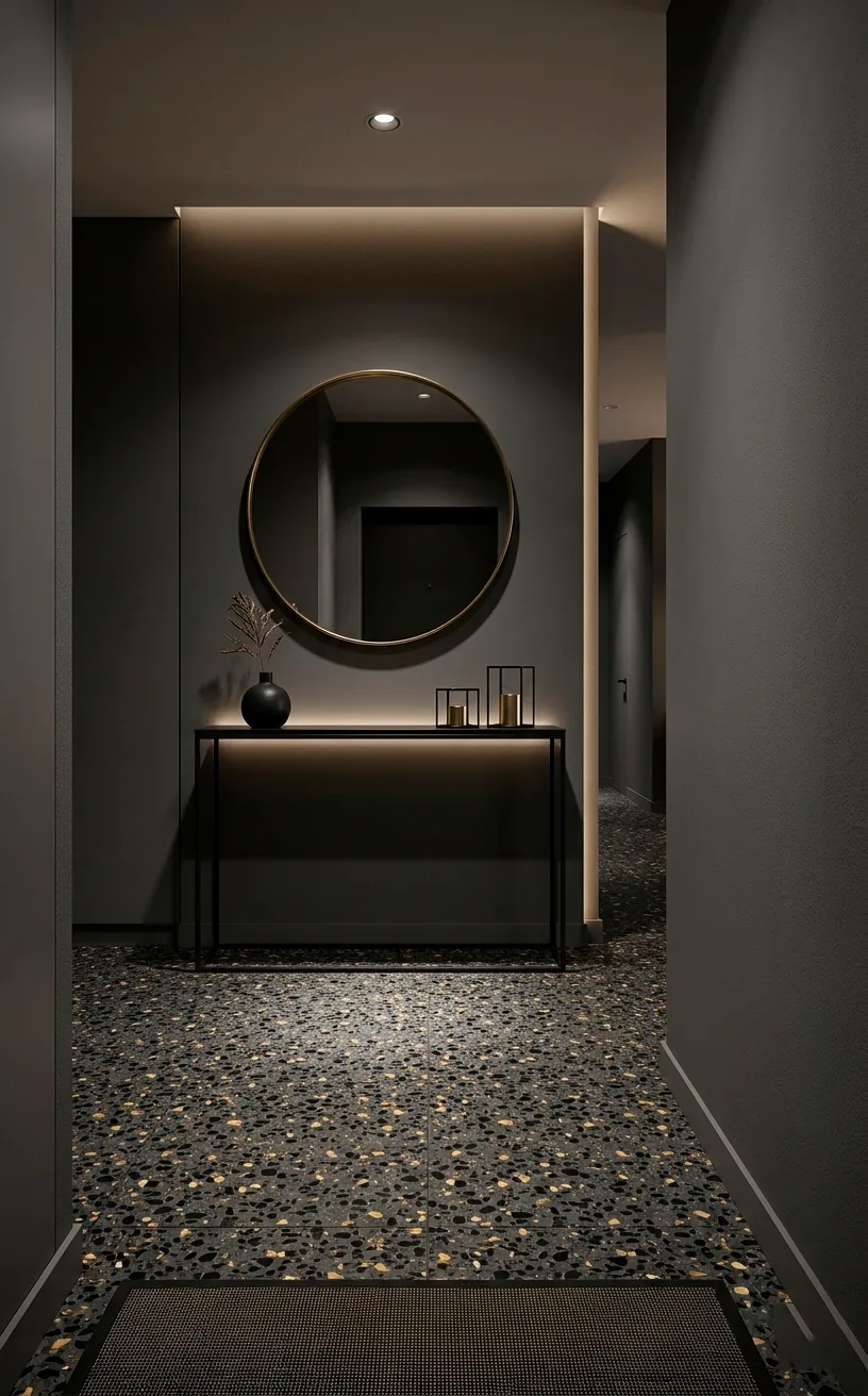 Grey terrazzo peel and stick floor tiles in a modern apartment entryway.