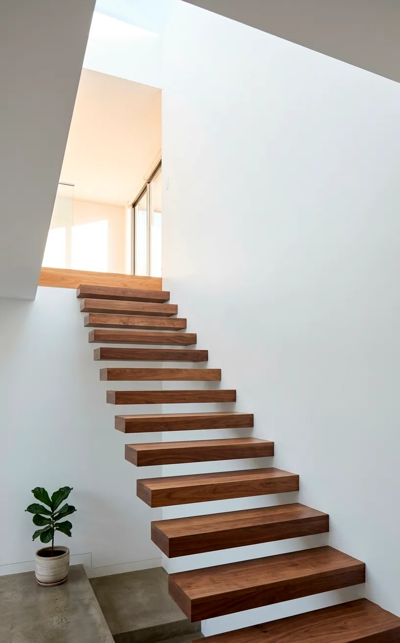Cantilevered walnut wood stairs protruding from a white wall without visible supports in a luxury home.
