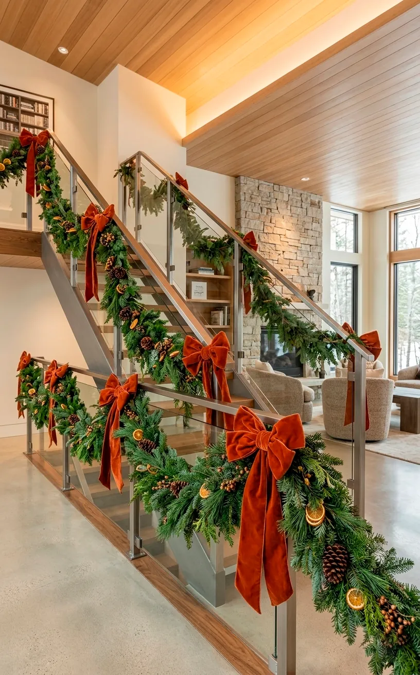 Evergreen garland on stairs decorated with large terracotta velvet bows.