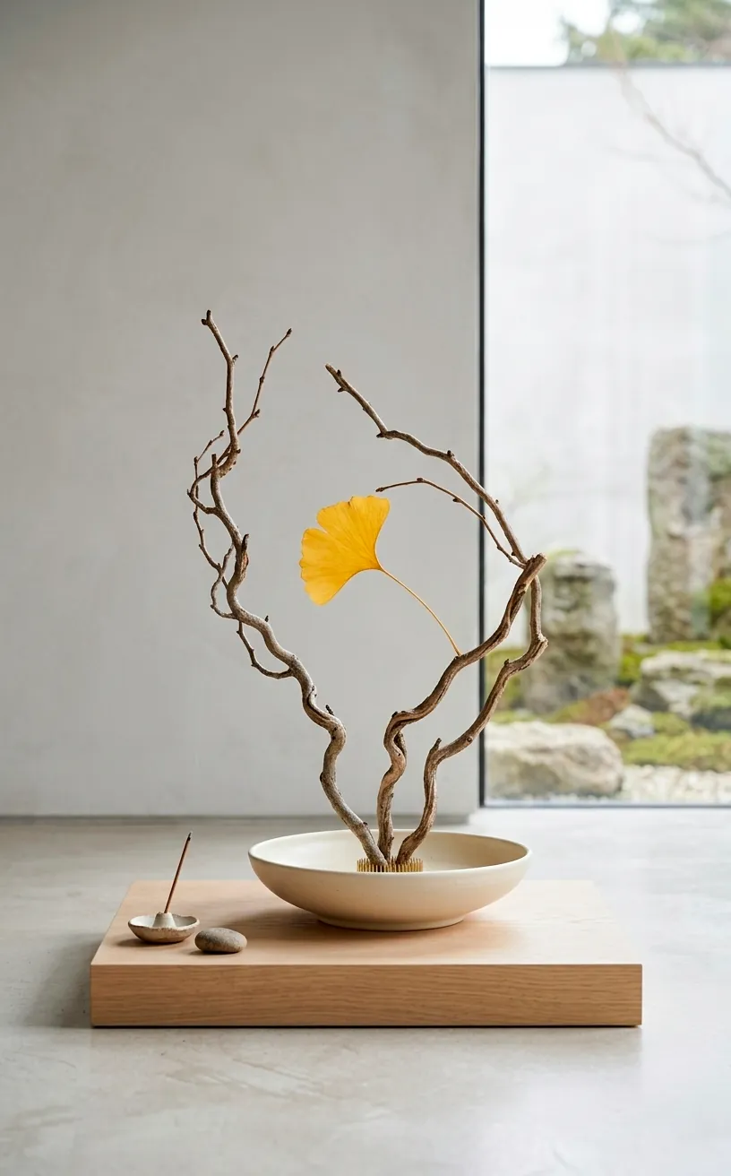 Minimalist Ikebana centerpiece with dried branches in a shallow stone bowl.