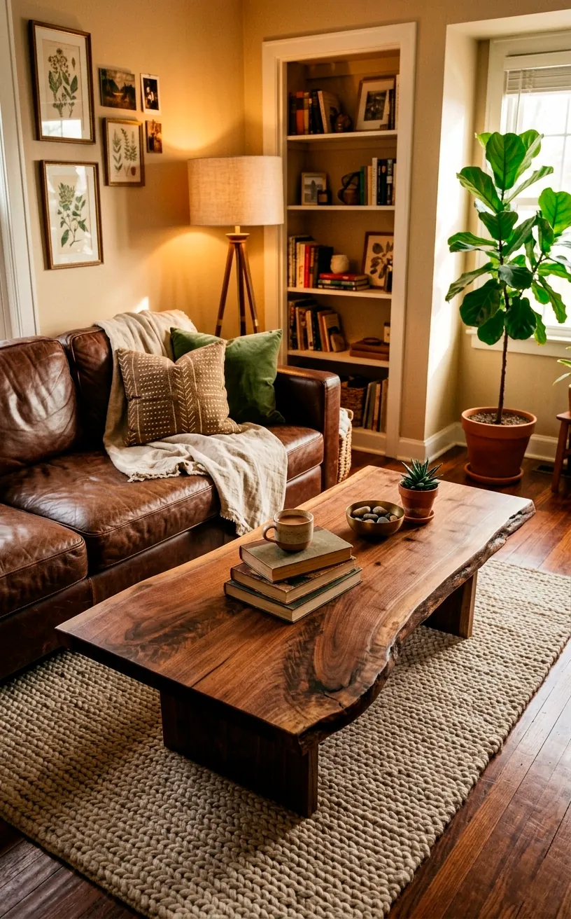 Living room with a live-edge timber coffee table and textured wool rug.