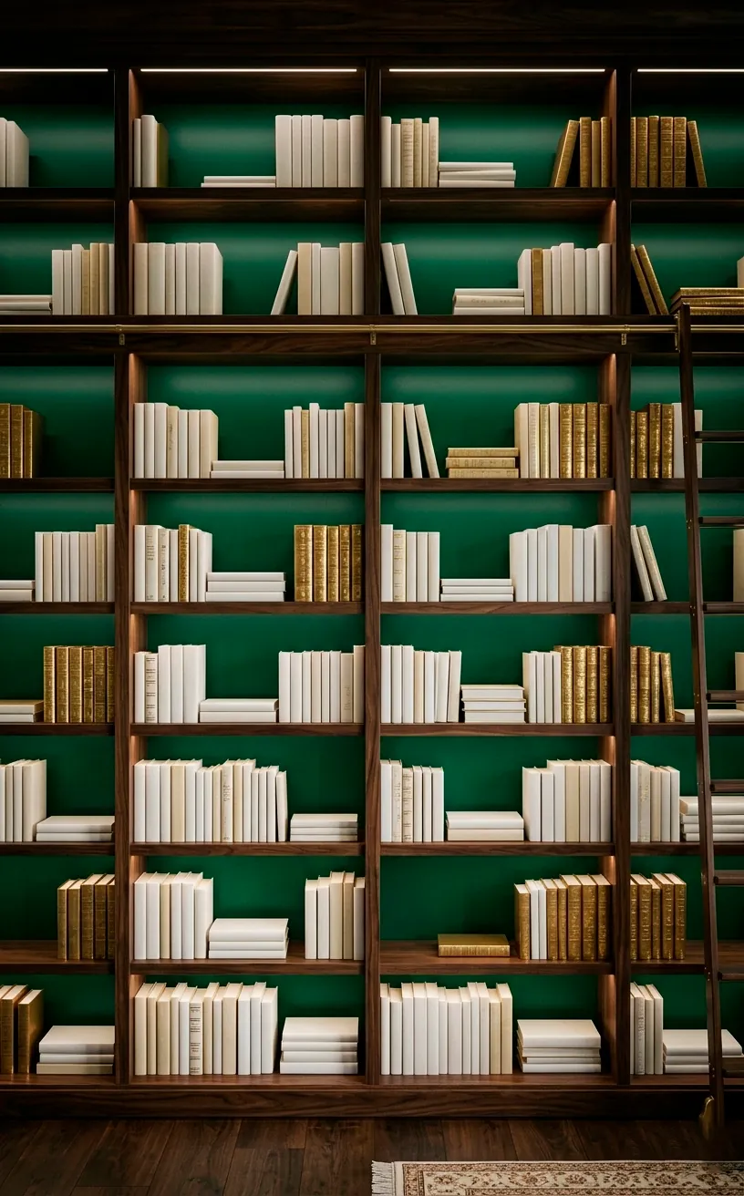 Floor-to-ceiling library bookshelves with emerald green painted back panels.