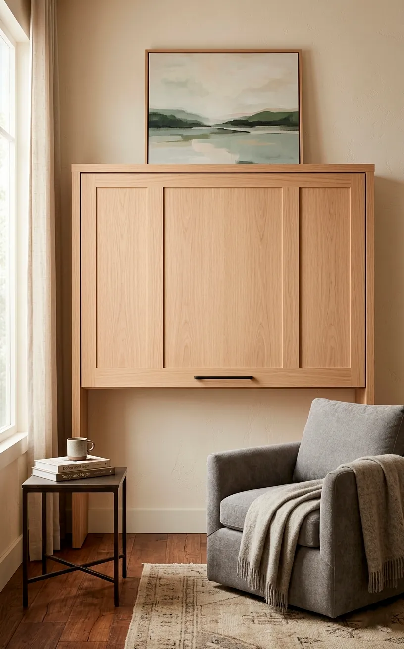 A closed wall-mounted Murphy desk that looks like a stylish wooden cabinet.