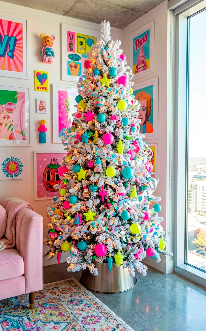 White Christmas tree decorated with neon candy colors and pastel pink ornaments.