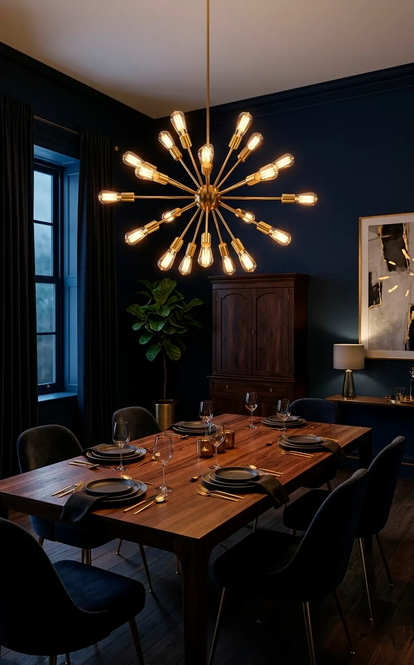 Brass sputnik chandelier glowing over a walnut dining table in a moody navy room.