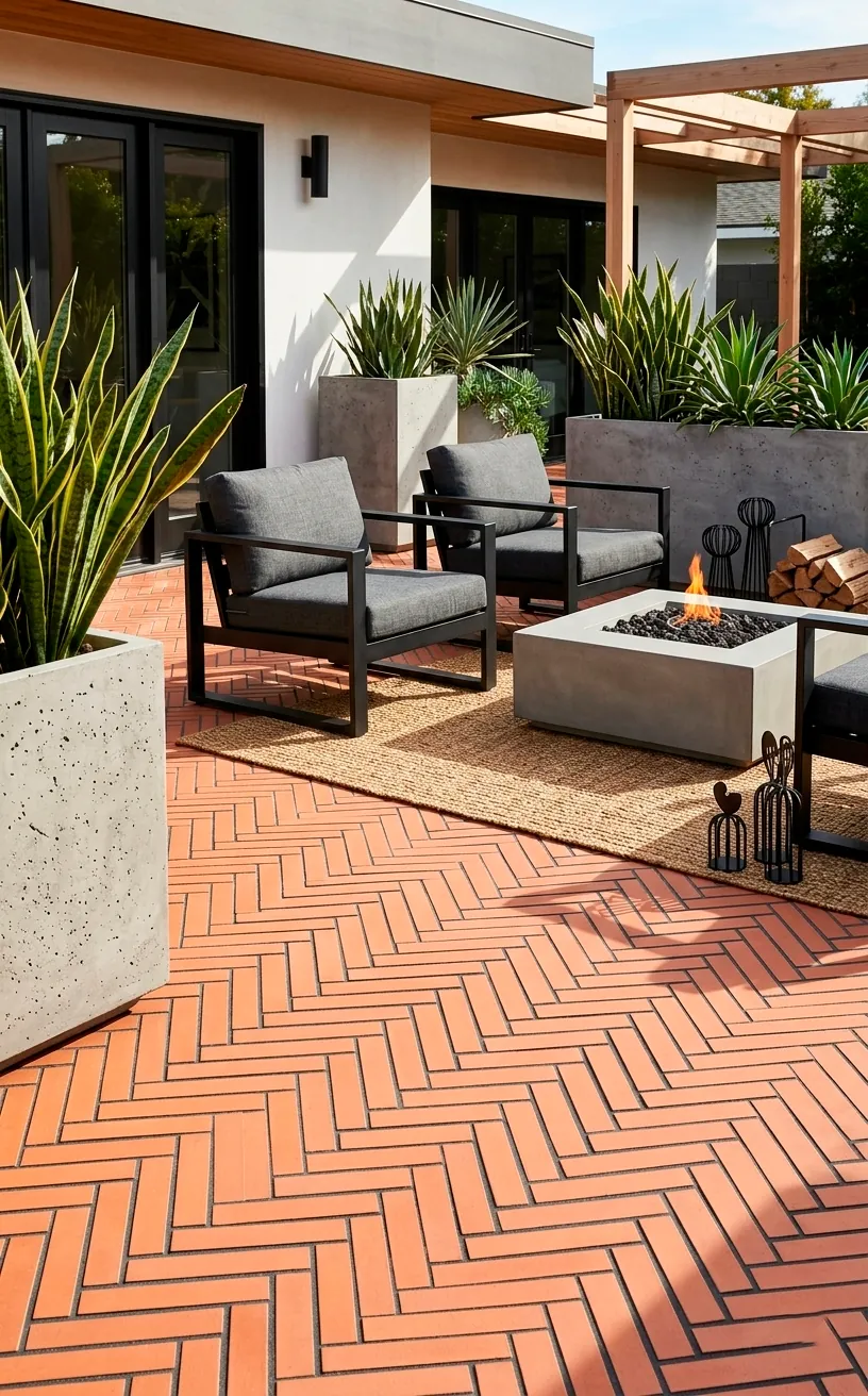Modern patio with terracotta herringbone tile pattern and black metal furniture.