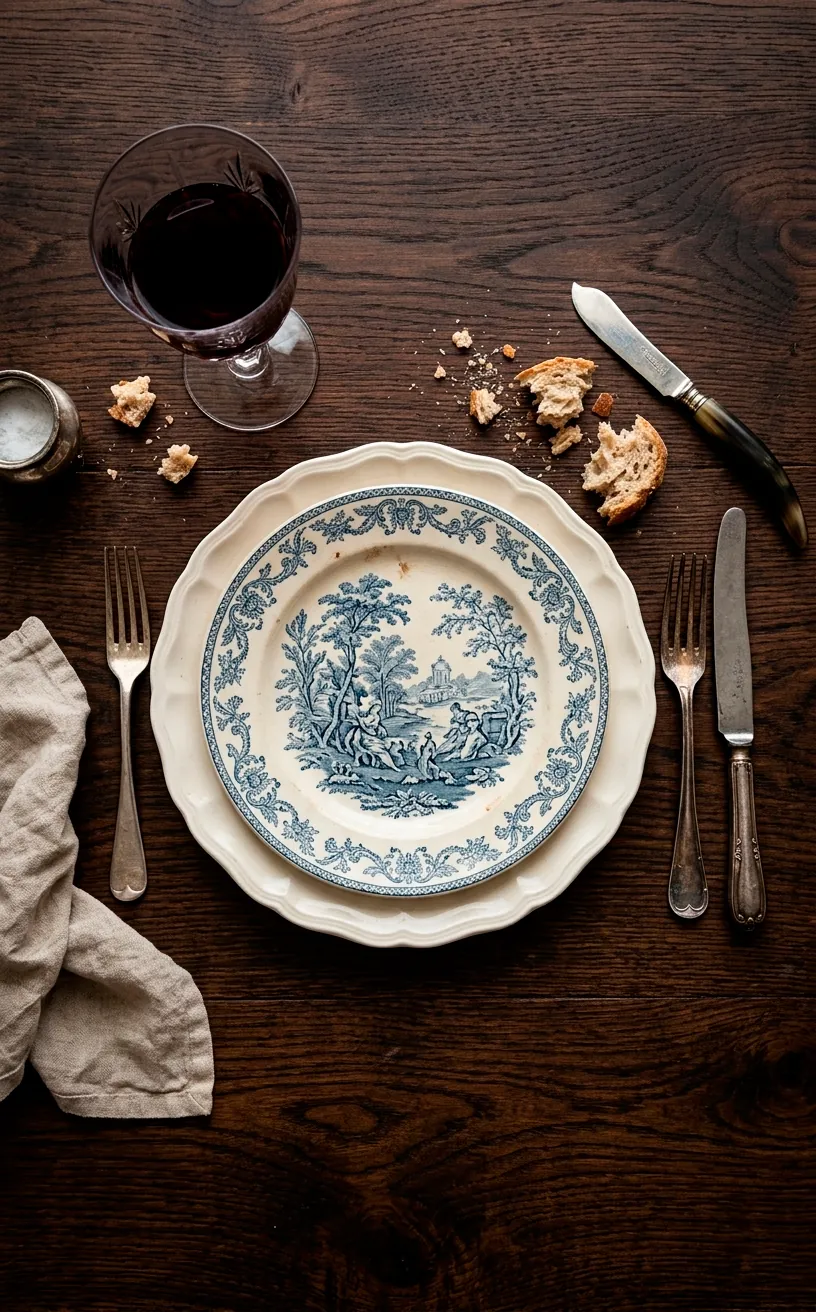 Overhead shot of mismatched vintage French plates and tarnished silver on a wooden table.