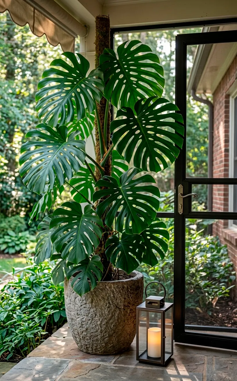 Large Monstera plant with moss pole on a modern screened porch.