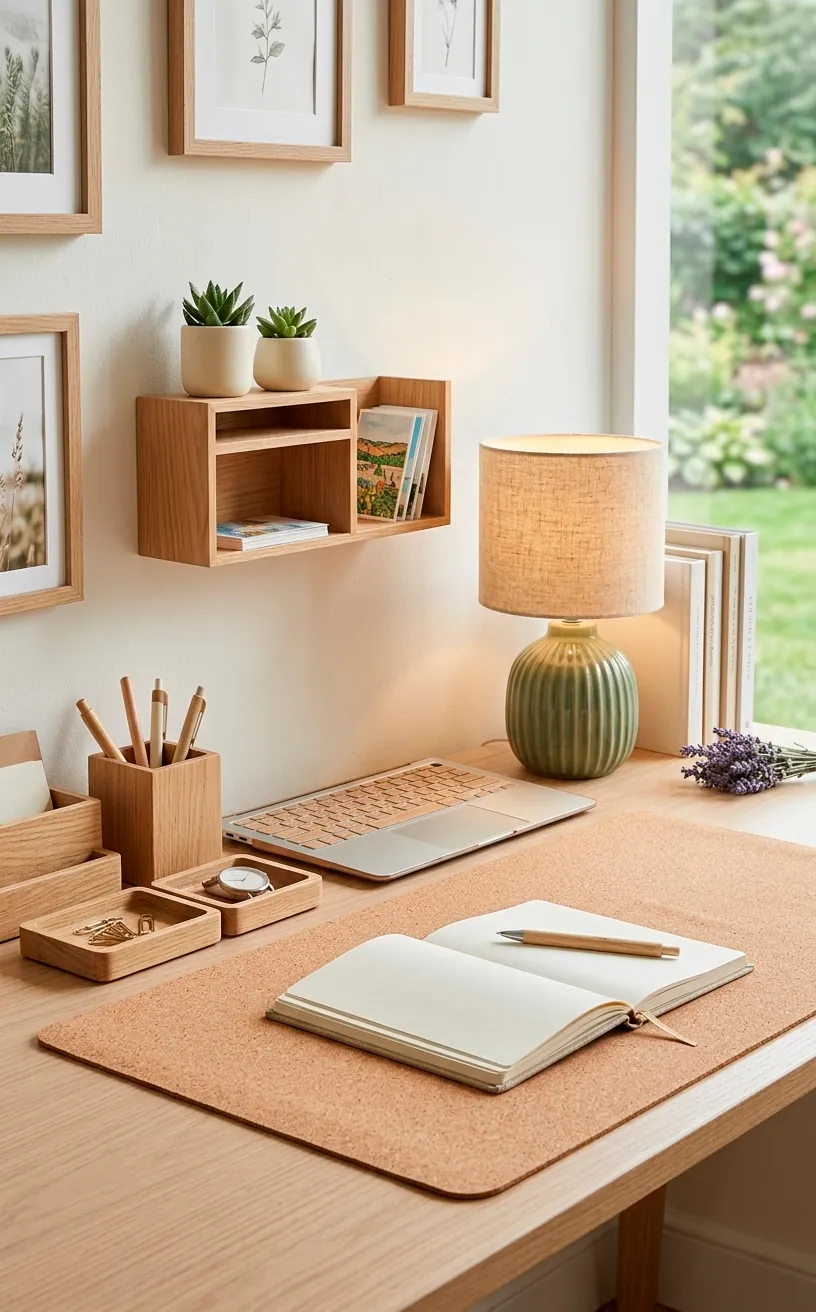 Minimalist summer desk setup with sage green accents, cork mat, and light oak furniture.