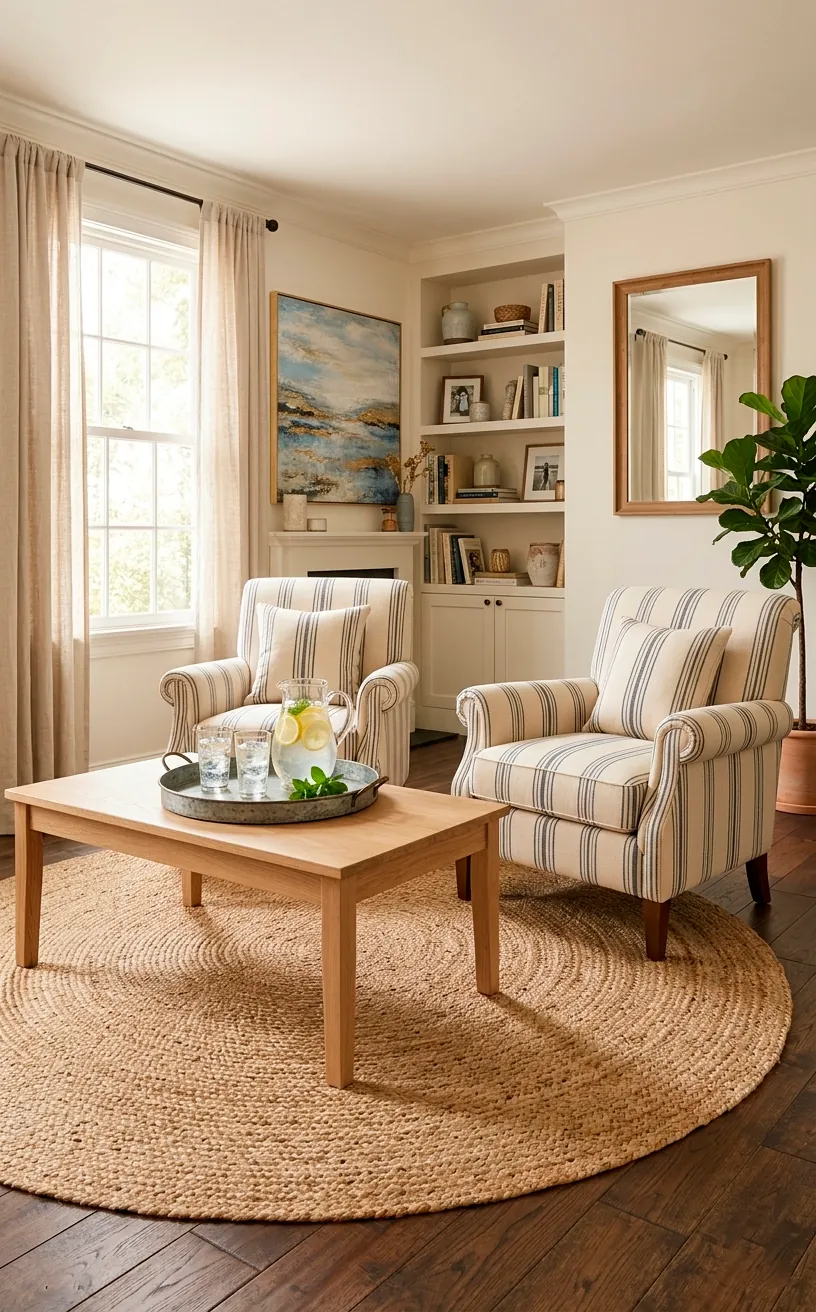 Living room with ticking stripe armchairs and a natural jute rug.