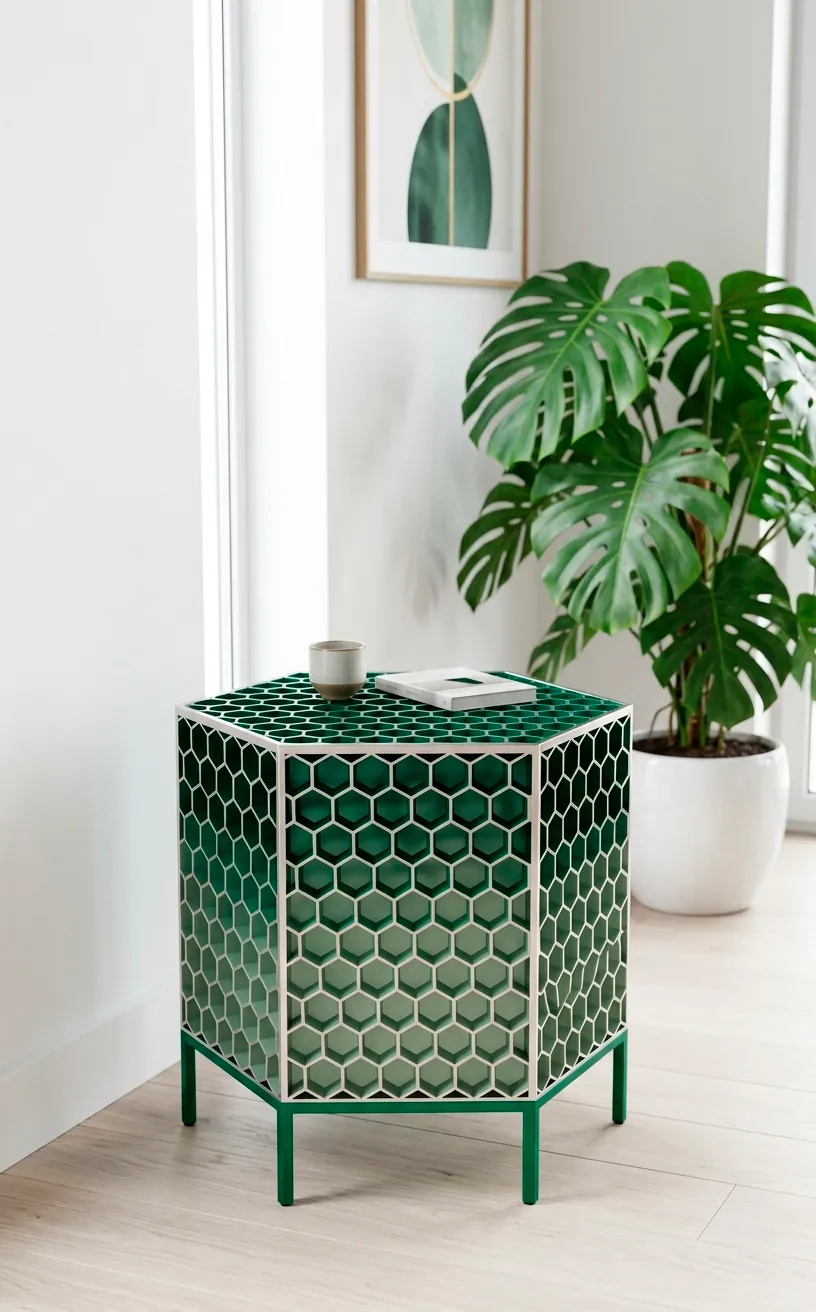 Emerald green honeycomb patterned hexagonal side table in a bright modern apartment.