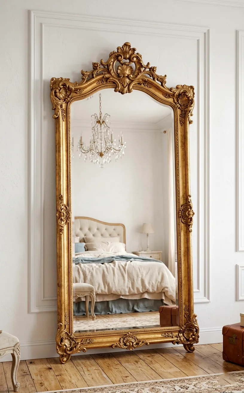 Large ornate gilded floor mirror leaning against a bedroom wall.