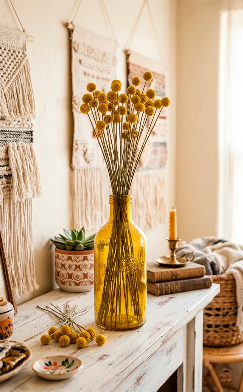 Dried billy balls in a mustard yellow glass vase on a white fireplace.