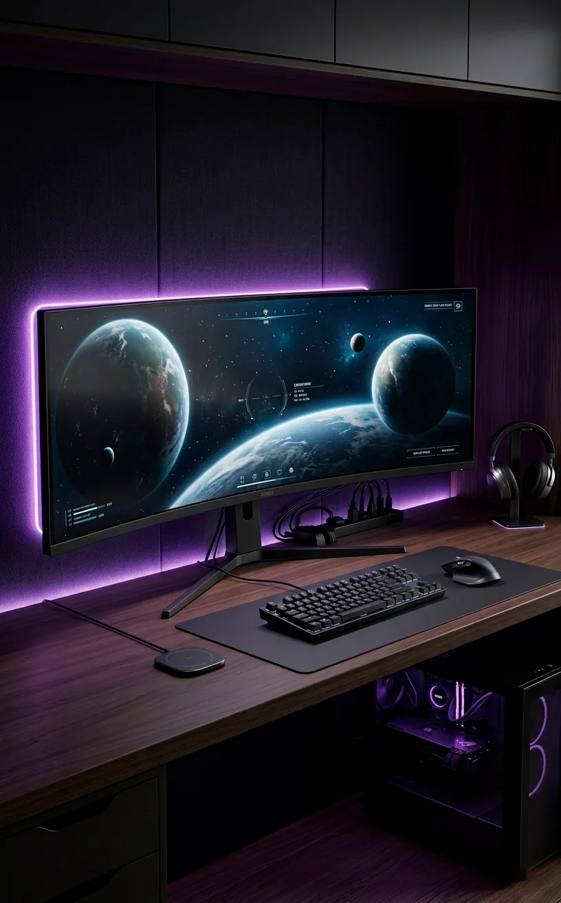 Gaming monitor with purple neon backlighting on a clean dark desk.