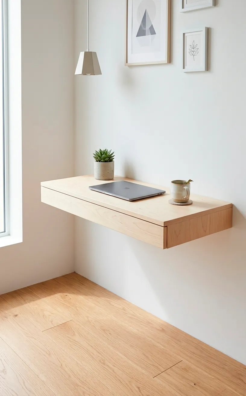 A minimalist floating wall-mounted desk in a clean studio apartment layout.