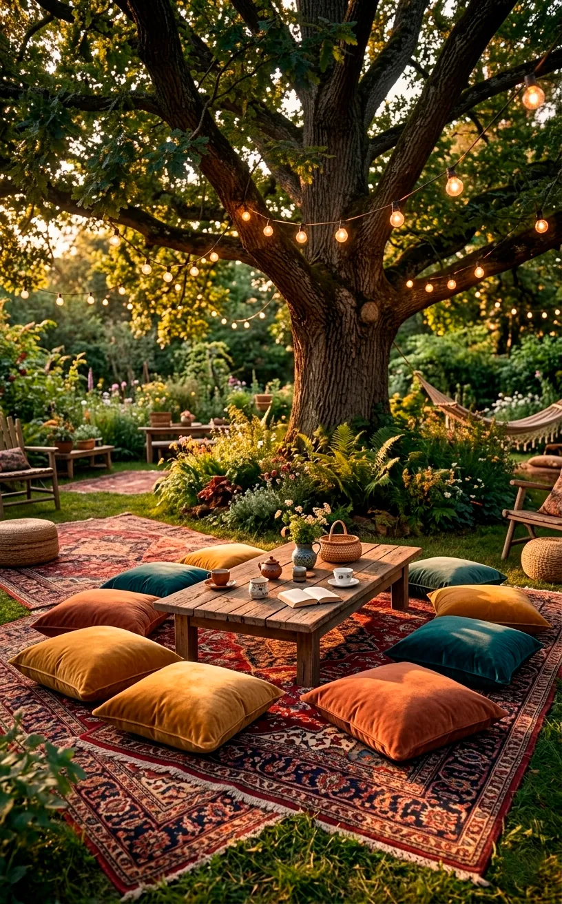 Bohemian garden lounge with layered rugs and colorful velvet floor pillows under a tree.