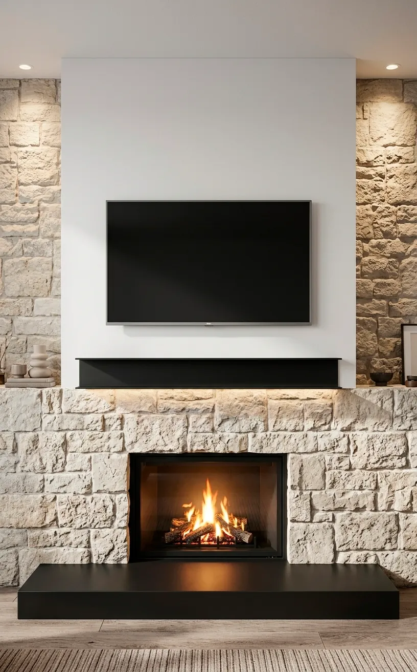 Fireplace wall featuring a mix of rough limestone and smooth white surfaces with a TV.