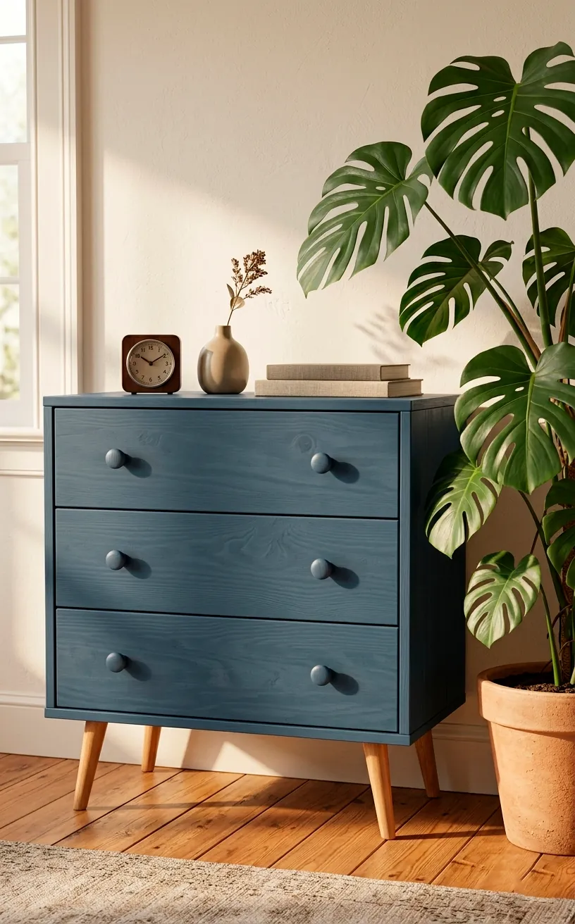 Mid-century modern dusty blue wood dresser with tapered legs and green plant.