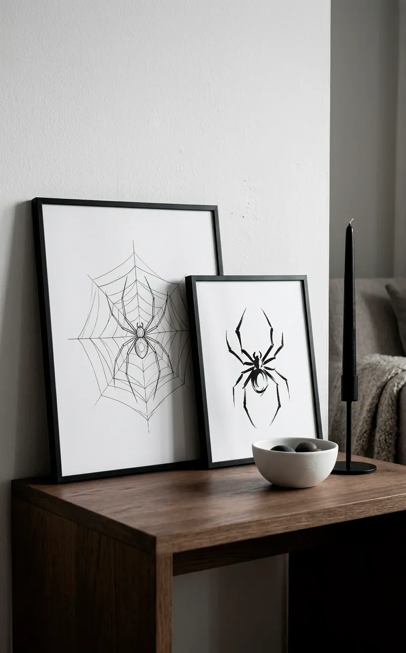 Minimalist side table with black framed abstract spider art and a black taper candle