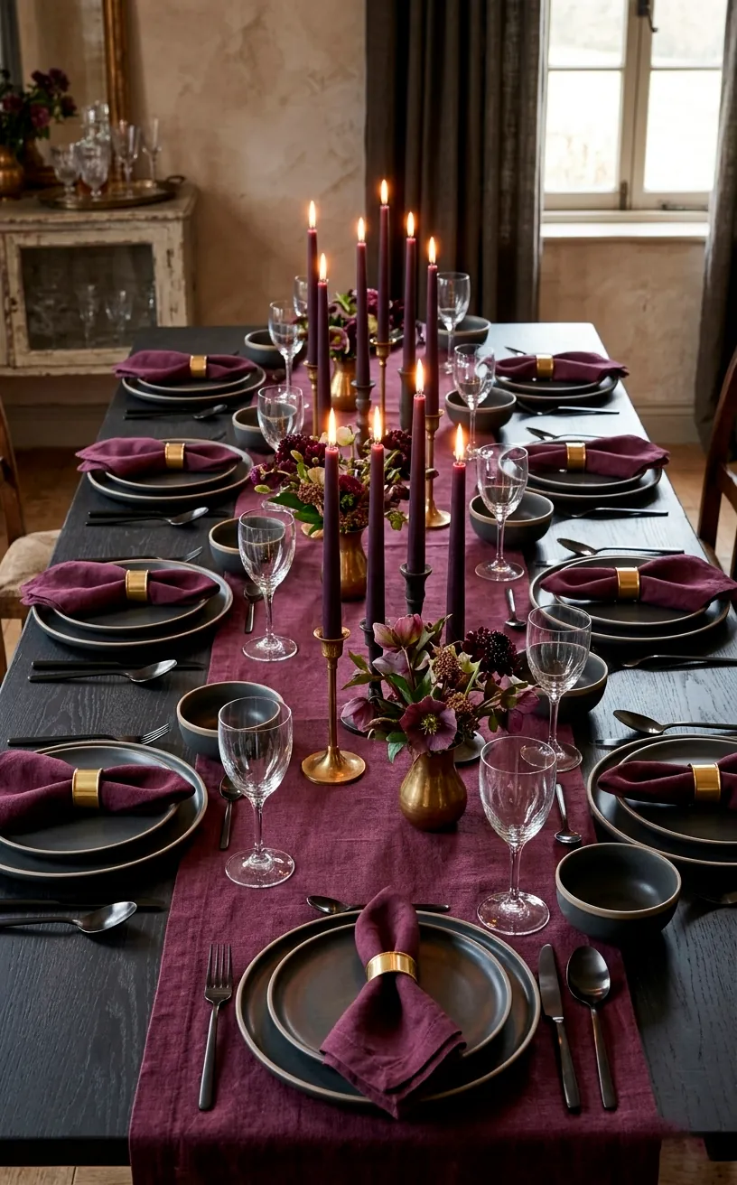 Plum and charcoal fall tablescape with lit candles and brass accents.
