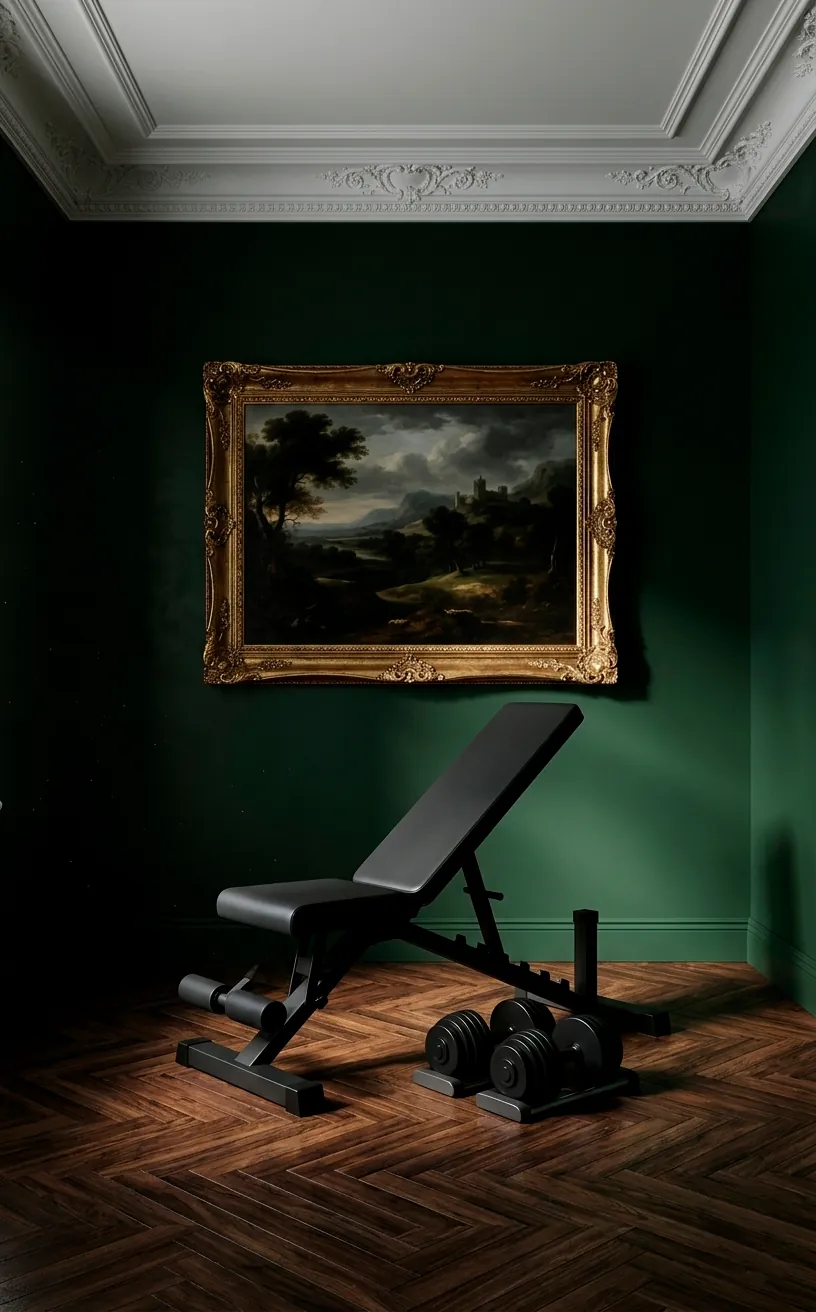 Modern black weight bench in a moody forest green room with vintage gold-framed art.