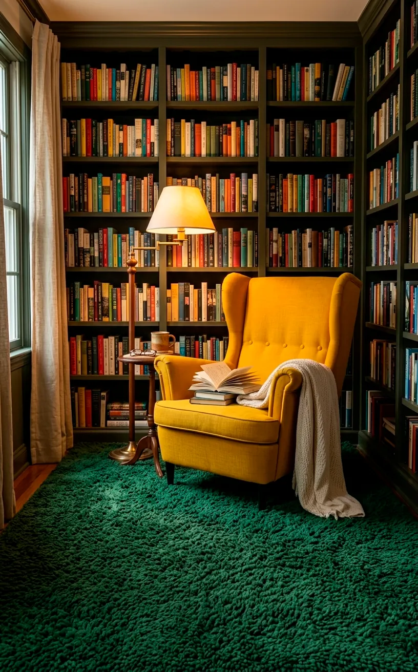 Cozy library nook with a hand-tufted forest green wool rug and mustard wingback chair.