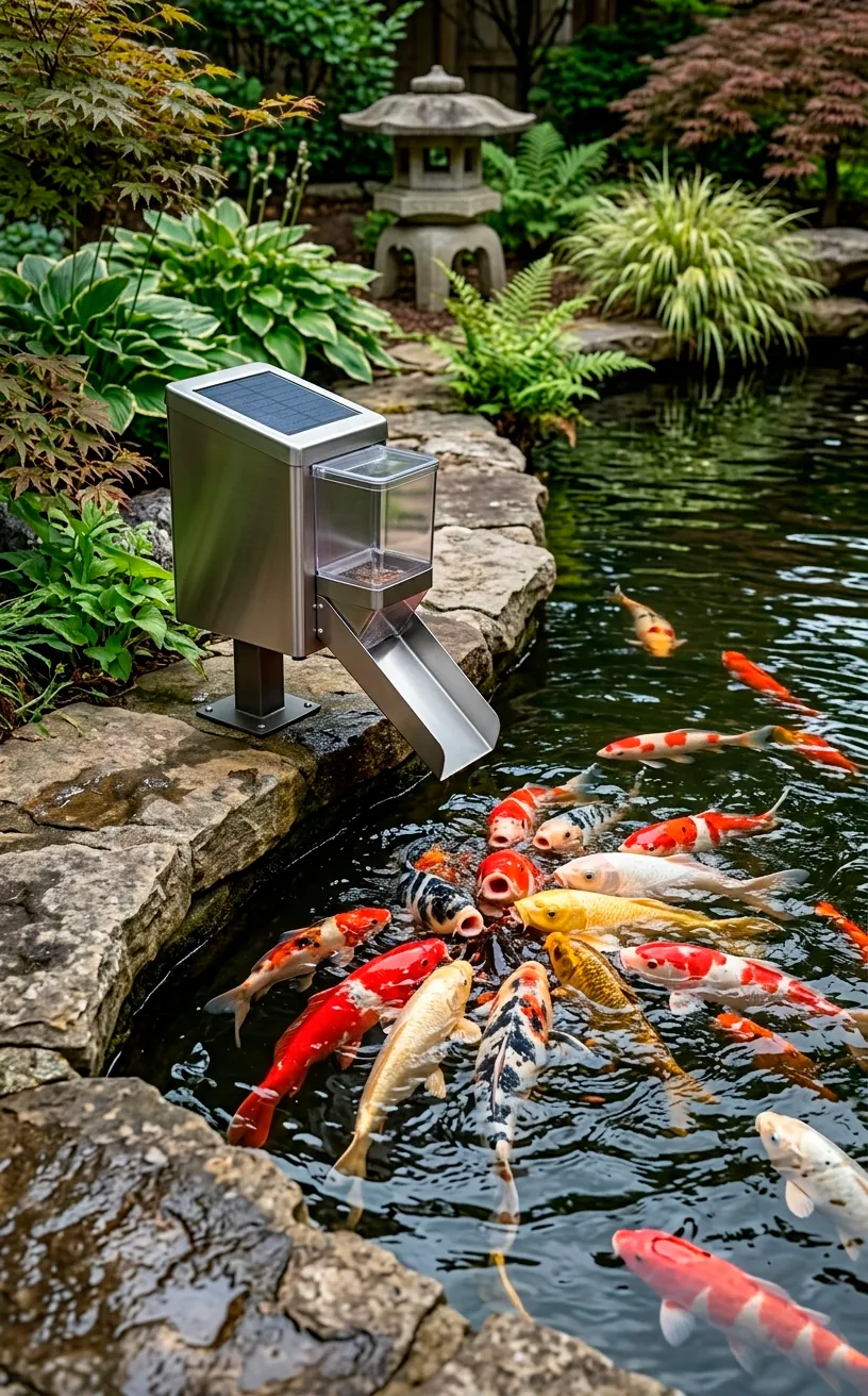 Modern metallic automatic koi feeder mounted on a stone edge over a pond filled with fish.