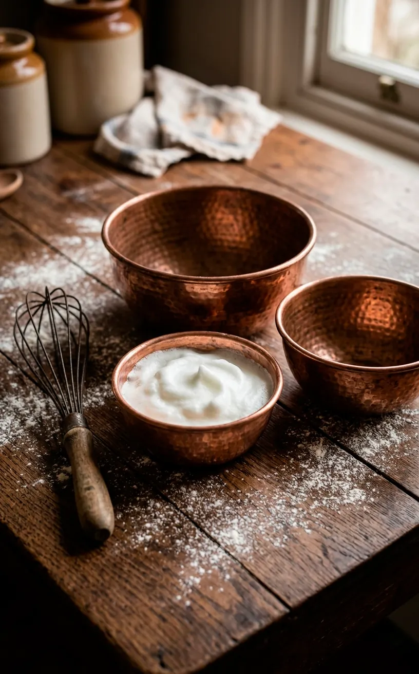 Hammered copper mixing bowls on a rustic wooden table with flour and a whisk.