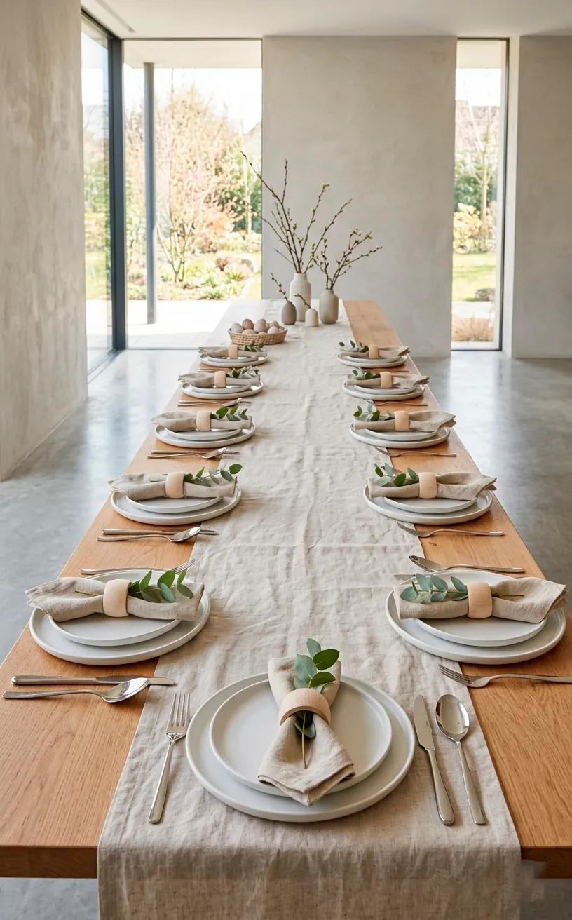 Japandi dining table with oatmeal linen runner and simple white stoneware place settings.