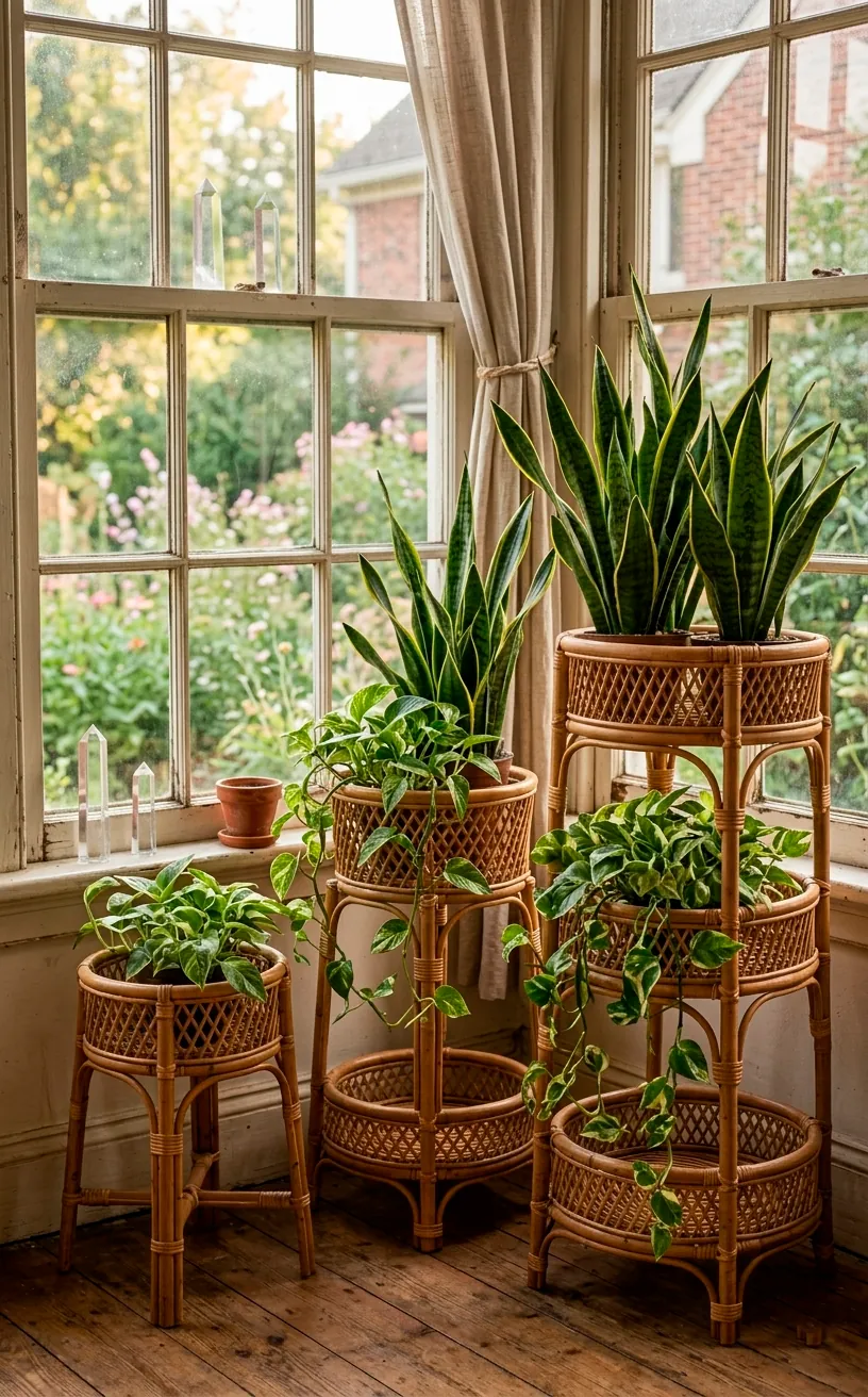 A collection of different sized rattan plant stands holding various green indoor houseplants.