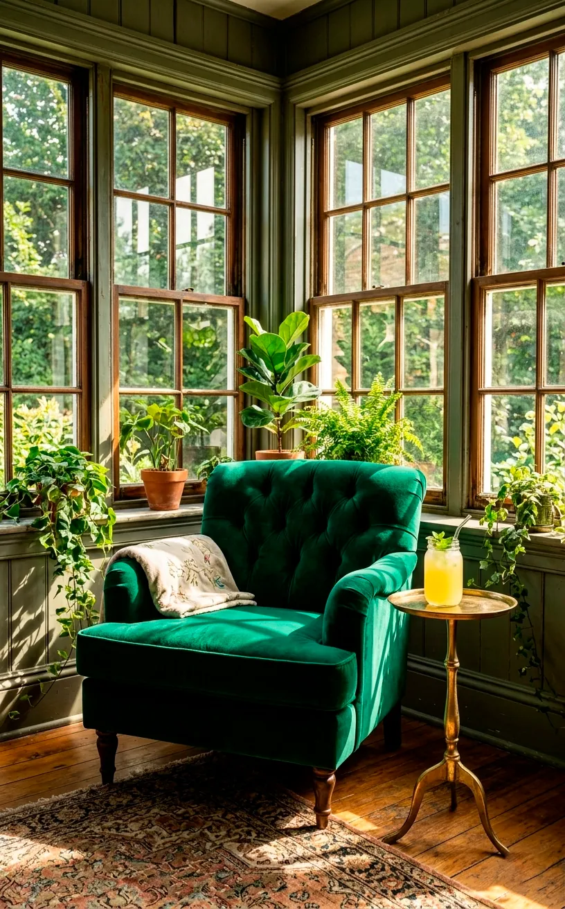 Emerald green velvet armchair in a sunny Victorian conservatory corner.
