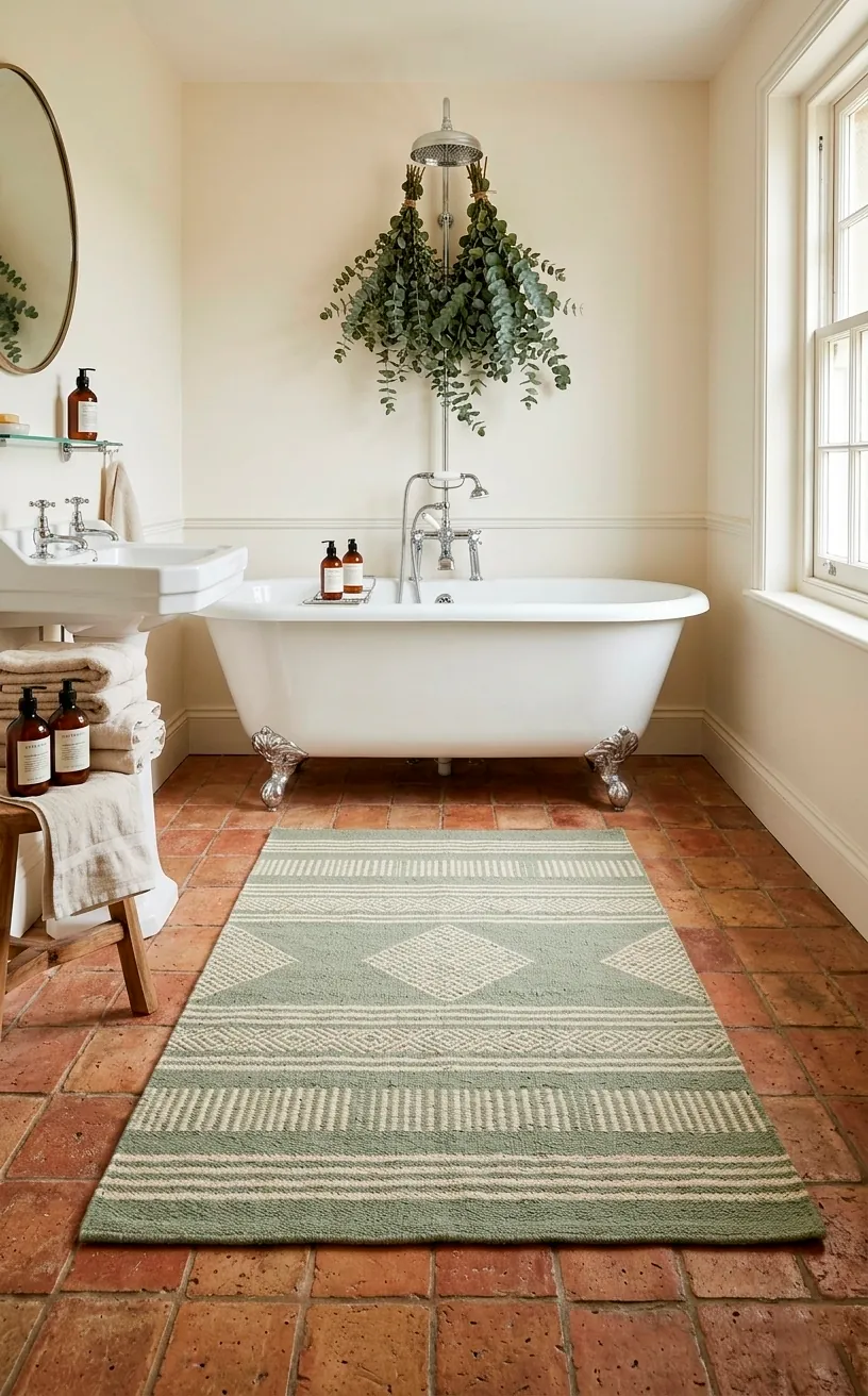 Sage green kilim rug in a serene bathroom with a white clawfoot tub and eucalyptus decor.