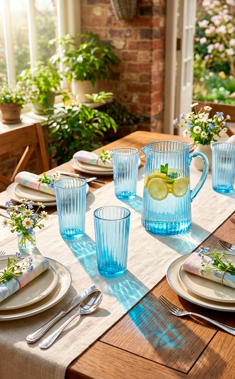 Sunlit table setting with translucent pastel blue fluted glassware and pitcher.