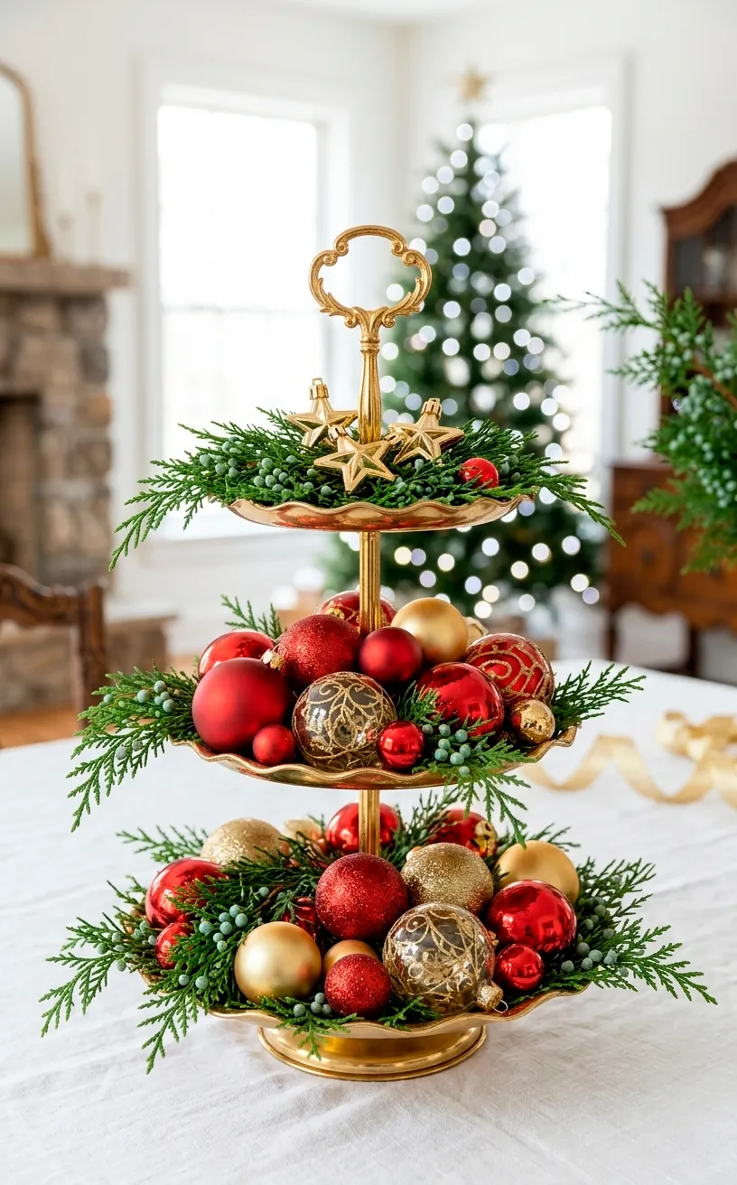 Three-tier gold stand filled with red and gold ornaments and green cedar sprigs.