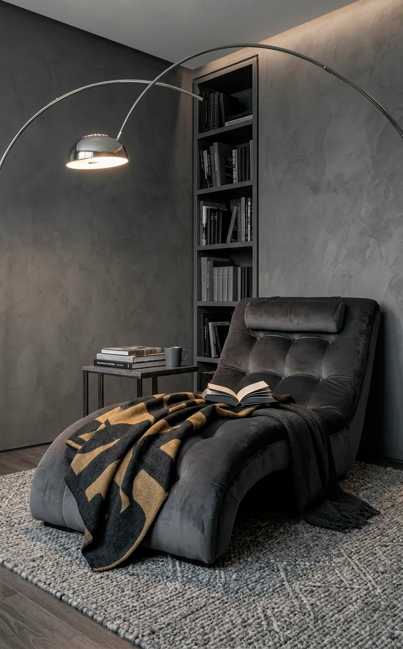 Charcoal grey velvet chaise lounge in a monochrome modern reading corner.