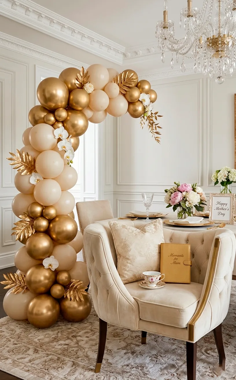 Elegant gold and cream balloon arch in a luxury home setting for Mother's Day.