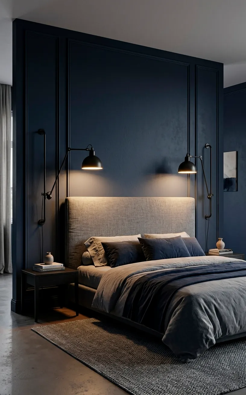 Modern bedroom with symmetrical matte black swing-arm wall sconces.