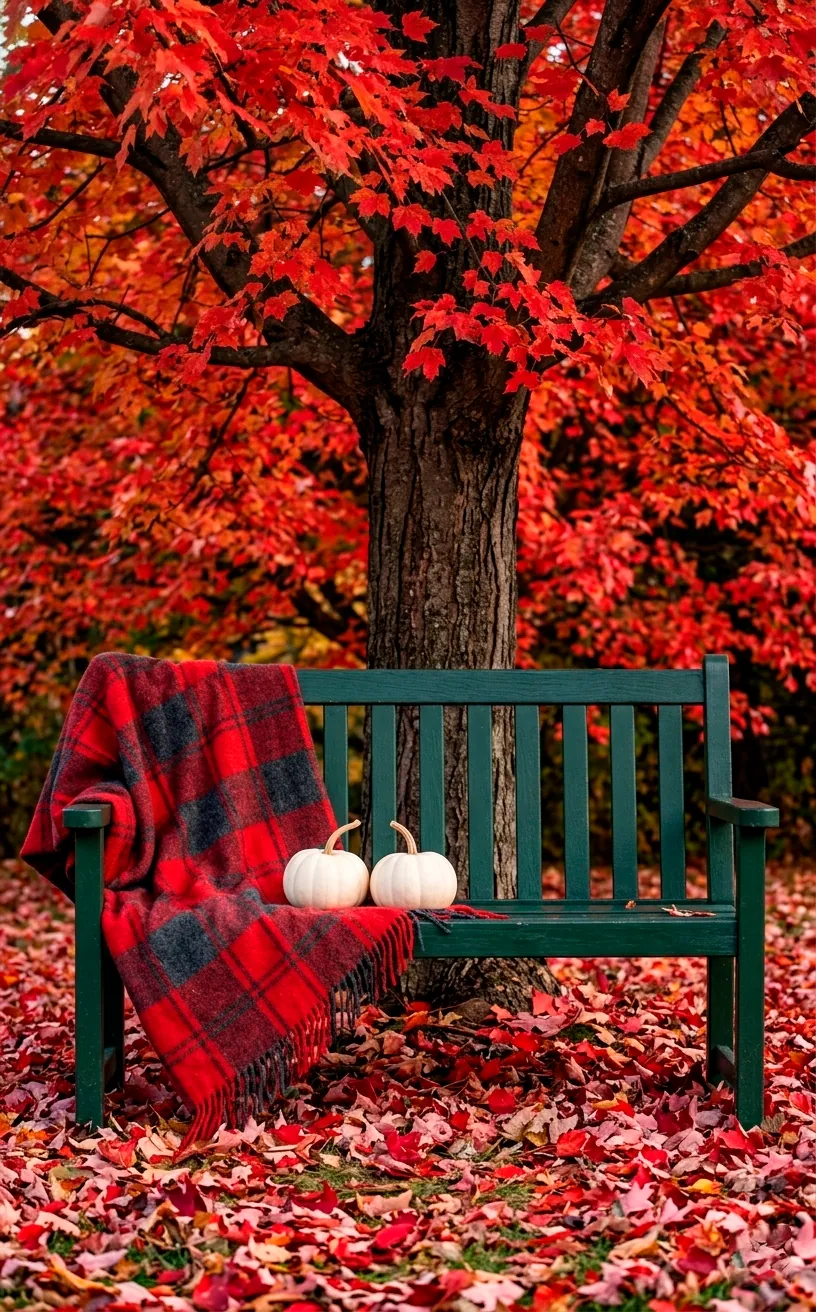Red plaid wool blanket draped over a green garden bench in a yard with red maple leaves.