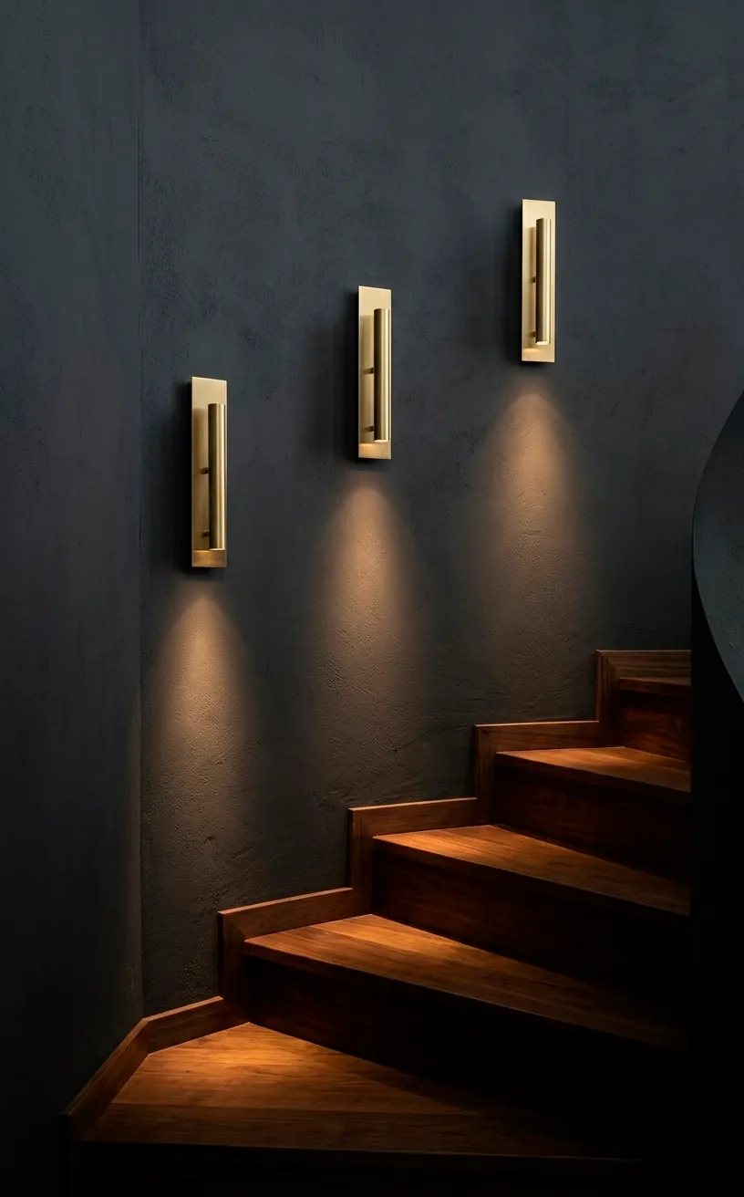 Modern brass wall sconces on a charcoal staircase wall providing ambient lighting.