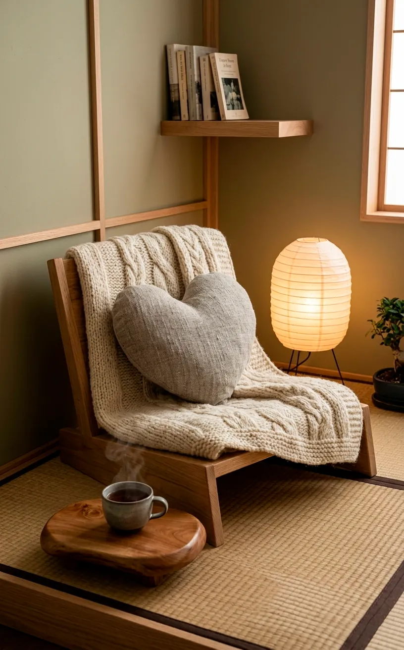 Cozy Japandi nook with cream wool throw and linen pillows for a romantic Valentine's feel.
