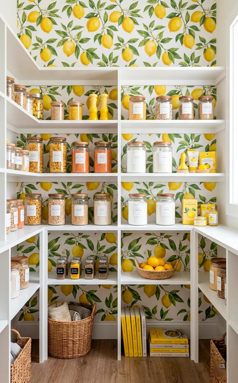 Pantry wall with yellow lemon patterned peel-and-stick wallpaper behind white shelves.