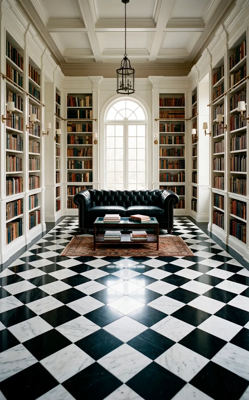 Classic home library with black and white checkerboard marble flooring and a black leather sofa.