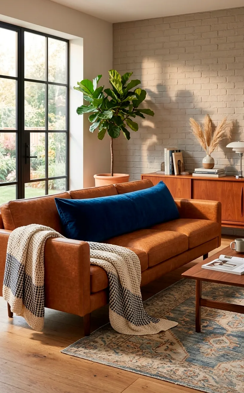 Navy blue velvet lumbar pillow centered on a cognac leather sofa in a modern home.