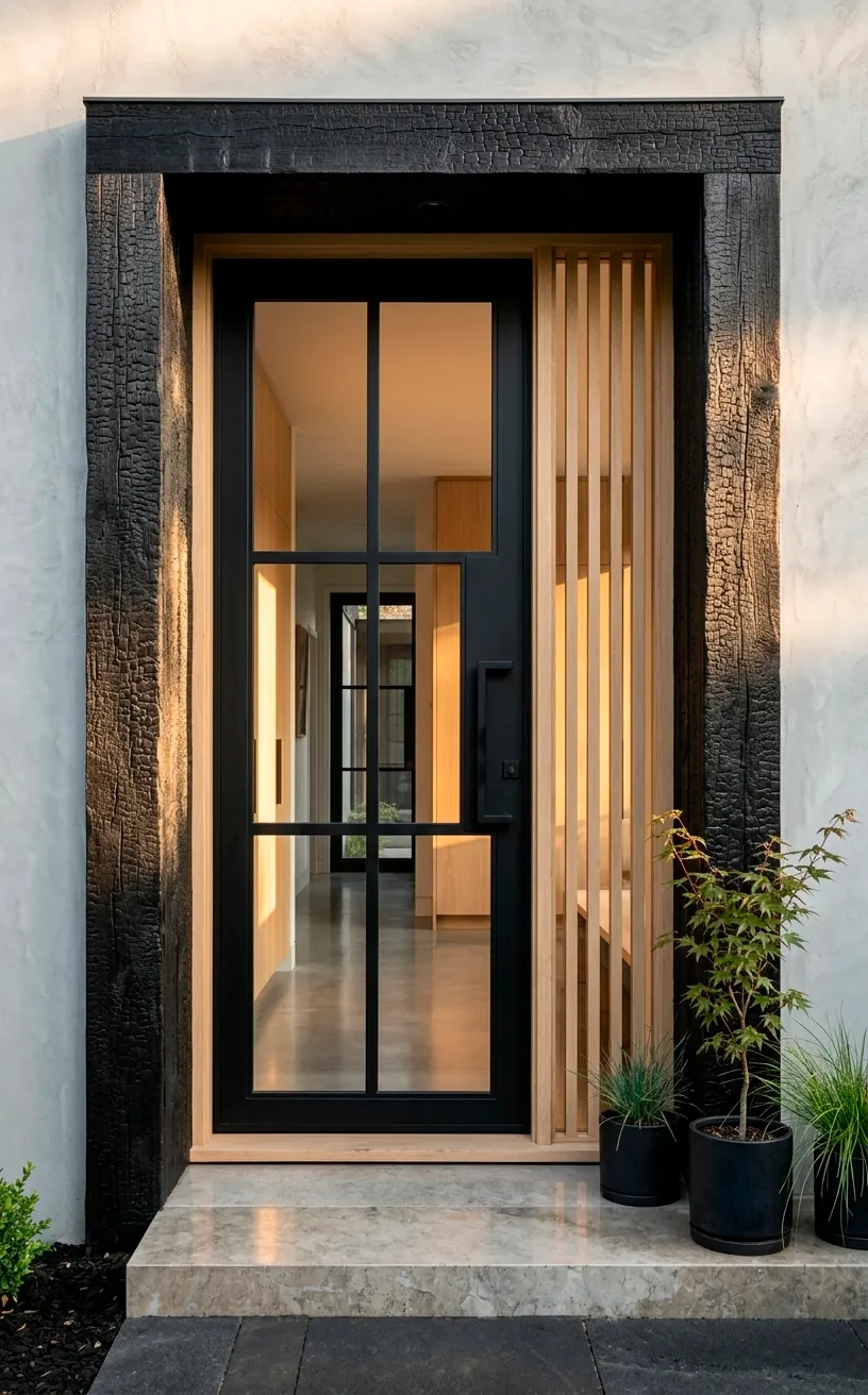 Modern home entryway with charred wood and natural oak accents.