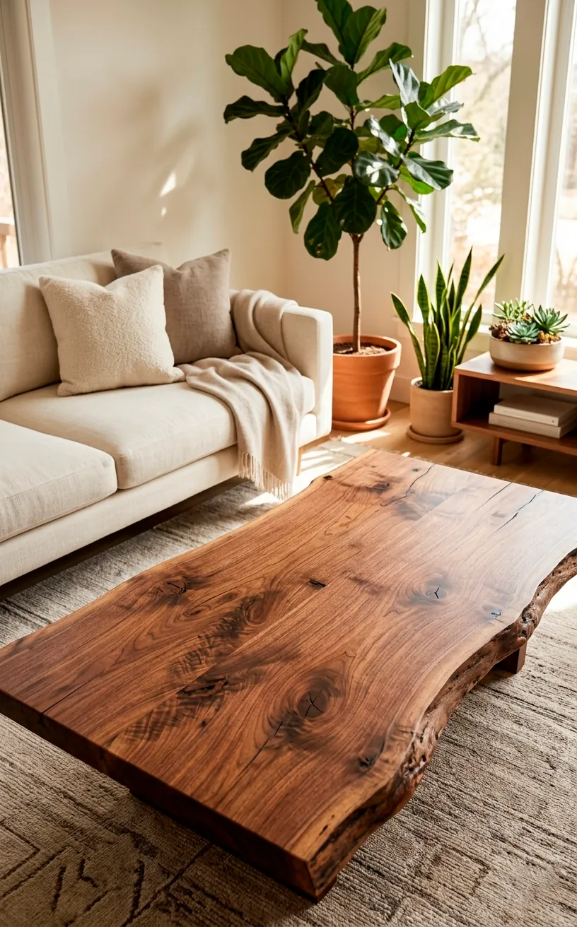 Live-edge walnut coffee table as a centerpiece in a nature-inspired room.