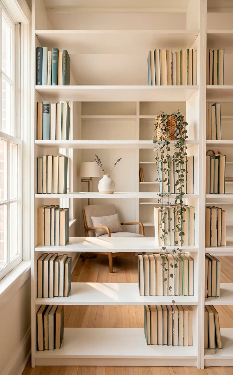 Bright white bookshelves with books and a trailing plant, demonstrating negative space.