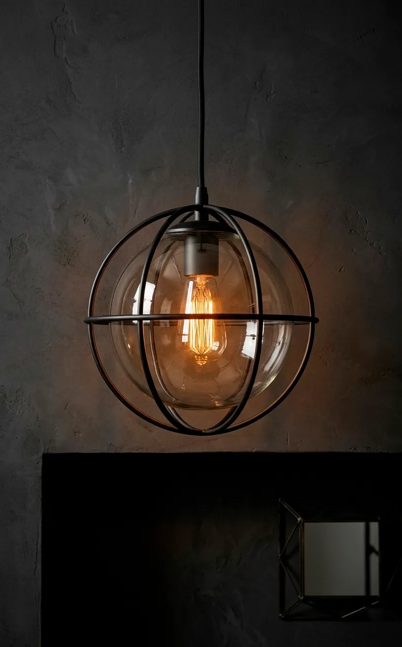 Matte black globe light with clear glass and edison bulb against a dark wall.
