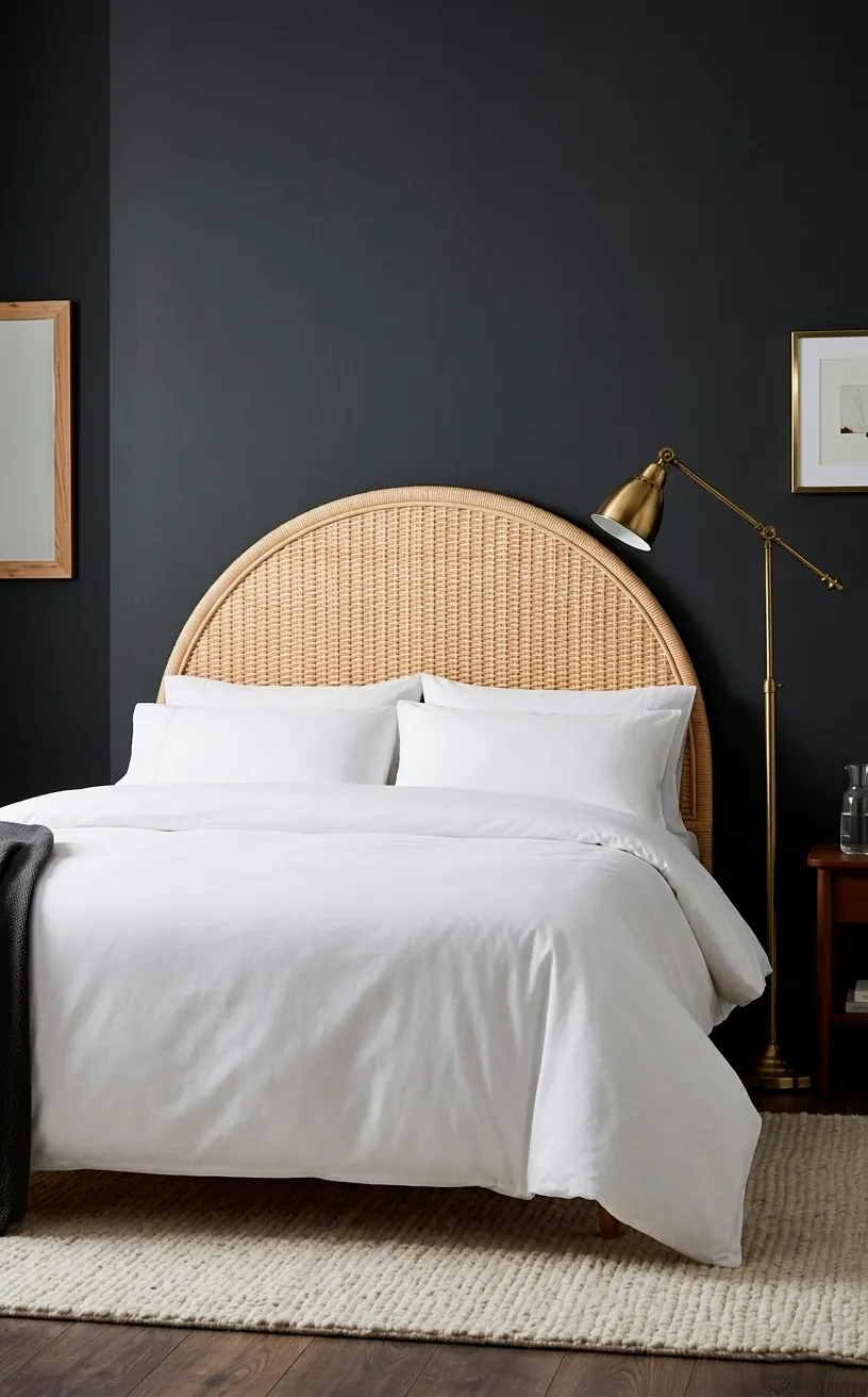 Modern boho bedroom with a light rattan headboard against a dark charcoal accent wall.
