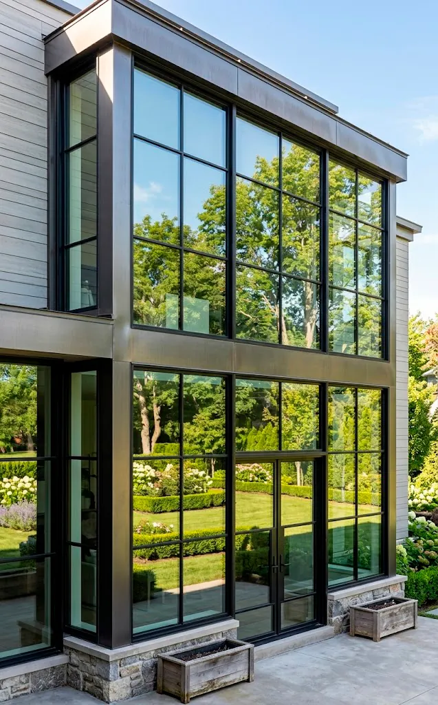 Exterior of a house with large windows and thin black aluminum frames.
